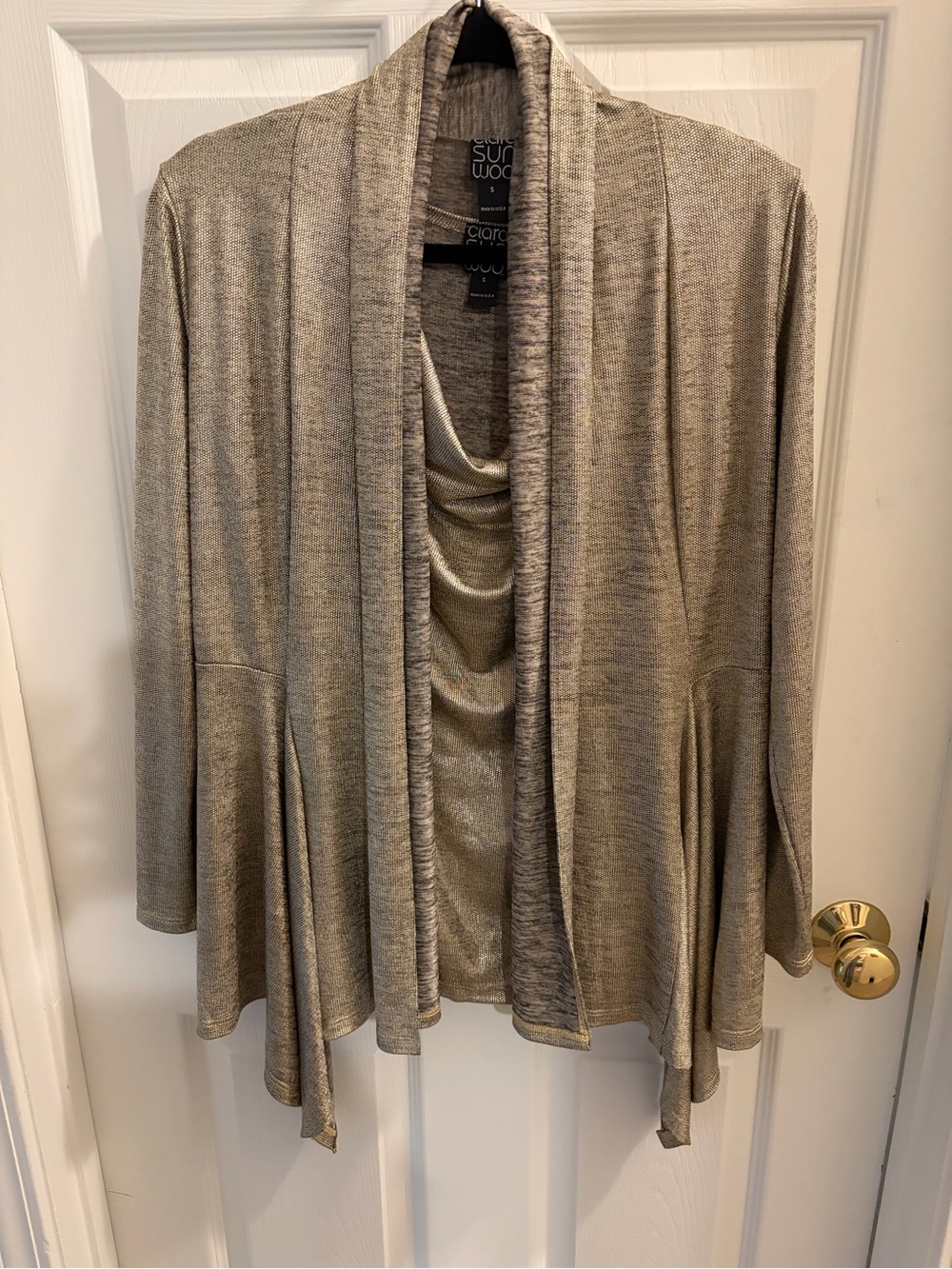 CLARA SUNWOO Metallic Taupe Open Front Waterfall Cardigan with Shell Blouse